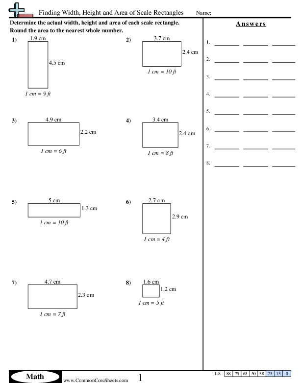 Area & Perimeter Worksheets - Finding Width, Height and Area of Scale Rectangles worksheet